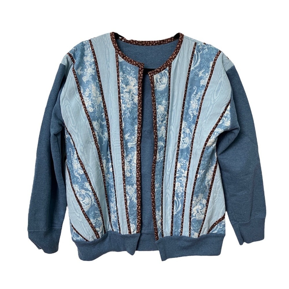 Vintage‎ Handmade Quilted Patchwork Open Front Blue Shacket Sweat Shirt Cardigan